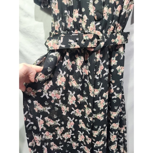 Vtg Leslie Fay Floral Bows Coquette Garden Midi Dress Size 4P SS Belted Pockets - Picture 4 of 8